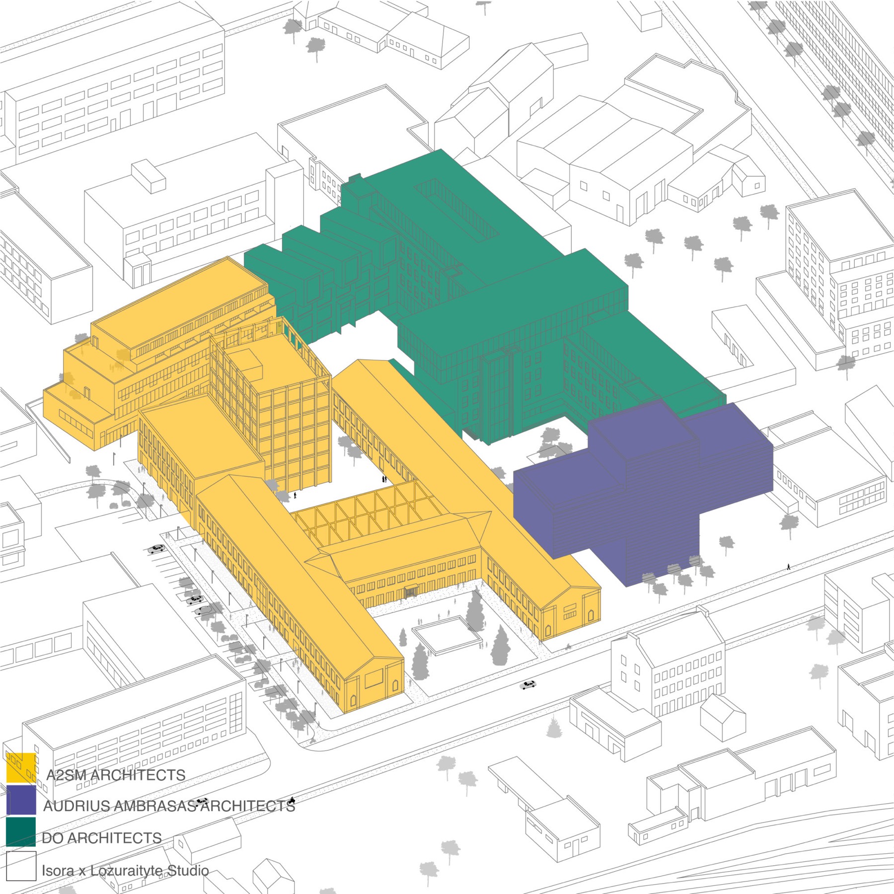 Kvartalo pastatų pasiskirstymas tarp architektų biurų